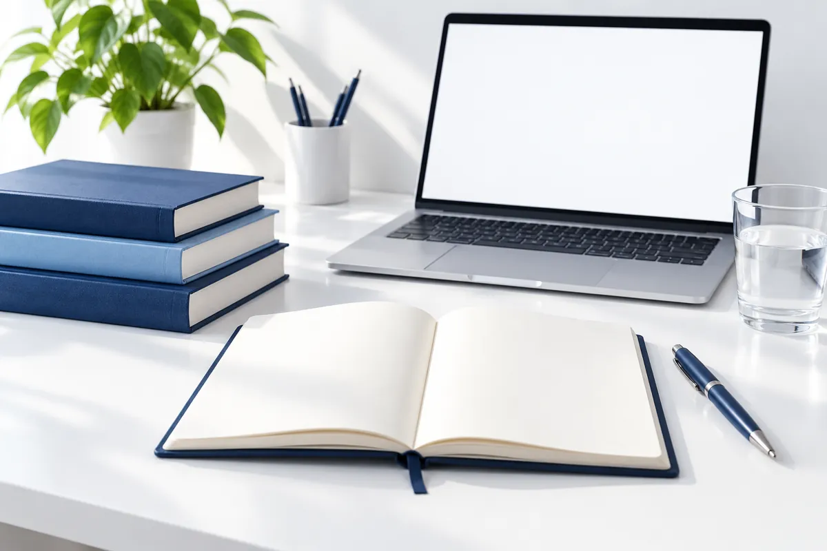Cuaderno abierto y libros para una sesión de aprendizaje