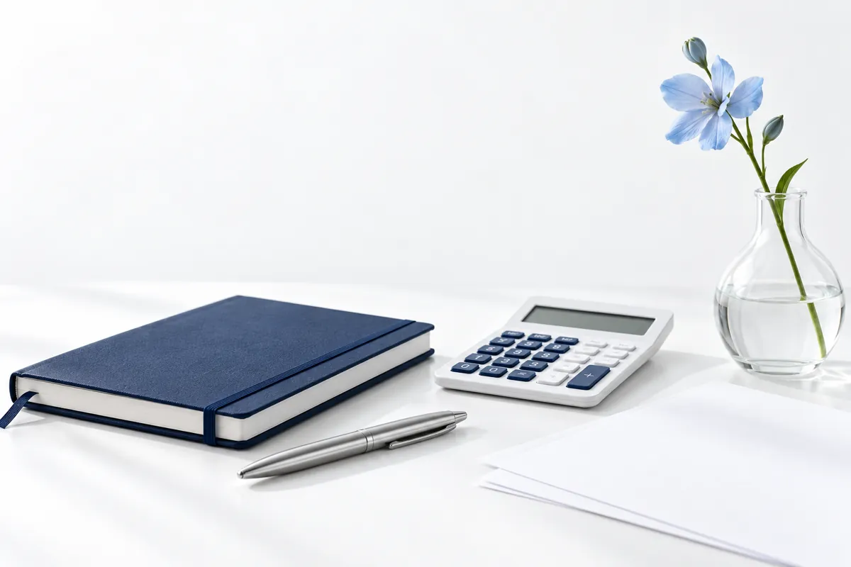 Libreta y calculadora sobre un escritorio ordenado